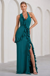 Bottle Green Ruffled Halter-Neck Split Maxi Dress